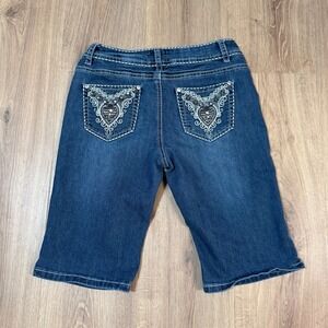 VTG Y2K Bebe Bermuda Denim Lowrise Shorts Dark Wash Rhinestones Size 27